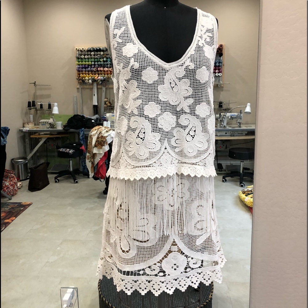 Calypso white lace mini skirt and top